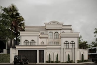 redesign luxury neoclassical villa,3d house exterior render,facade arched window