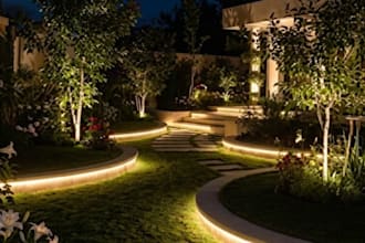 design landscape night lighting, 3d pool render, outdoor mood lighting