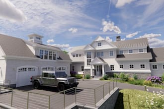create coastal farmhouse in v ray, shingle uk building style, courtyard driveway