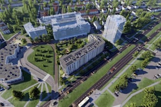 visualize 3d modern urban planning,mid rise modern apartment block, aerial view