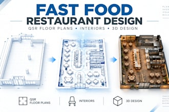 design fast food restaurant interiors, qsr floor plans and 3d restaurant design