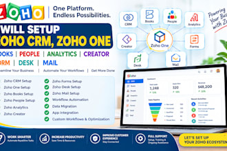 setup zoho crm, zoho one, books, people, analytics ,creator, form, desk, mail