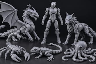 create articulated 3d model, print in place flexi toy, animal and character stl