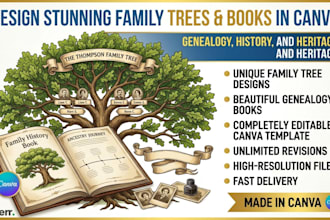 design stunning family tree, ancestry history chart and genealogy book in canva