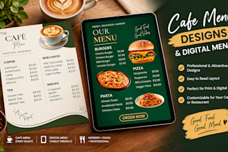 design a modern cafe, restaurant and bakery menu