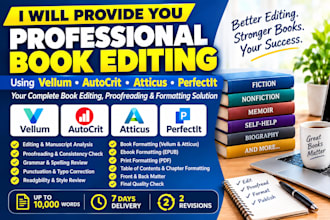 provide vellum, autocrit, atticus, and perfectit for your book editing