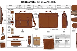 create leather bag design, wallet, laptop bag and messenger bag tech pack design