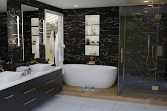 do 3d bathroom, shower, bathtub, vanity, toilet interior design with 3d render