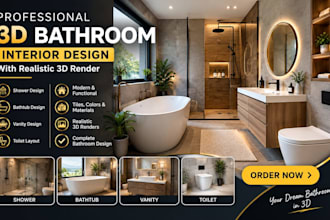 do 3d bathroom, shower, bathtub, vanity, toilet interior design with 3d render