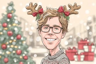 create a christmas caricature, holiday card, winter cartoon