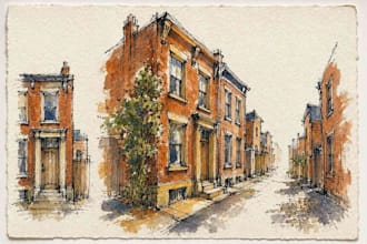 draw free hand architectural building exterior drawings with watercolours