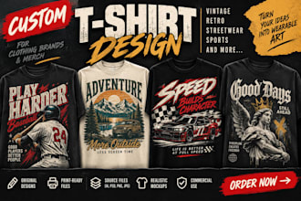 design custom vintage retro t shirt graphics for your clothing brand