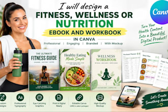 design a fitness, wellness or nutrition ebook and workbook in canva with mockup