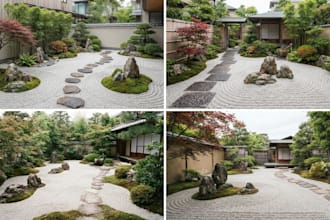 design a japanese garden, zen garden, koi pond and landscape