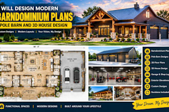 design modern barndominium plans, pole barn and 3d house plan for permit drawing