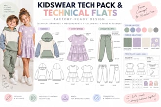 design baby and kids clothing collection with professional tech packs