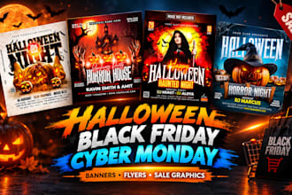 design halloween black friday cyber monday banners and flyers