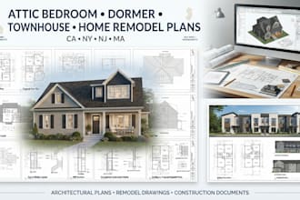 create attic bedroom, dormer, townhouse and home remodel plan for ca, ny, nj, ma