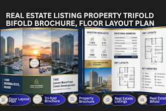 create premium real estate listing property trifold brochure, floor plan layout