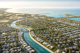 develop site landscape property, urban masterplan rendering, coastal waterfront