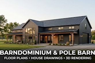 do barndominium and pole barn floor plans with house drawings and 3d rendering