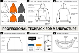 create fashion tech pack, clothing tech pack and apparel flat sketches