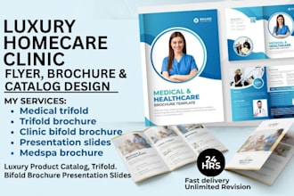 design luxury product catalog, pharmaceutical trifold bifold brochure for clinic
