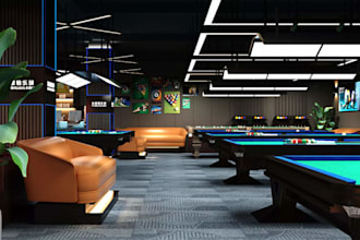 erect3d billiard club,lounge area layout,indoor cue sports venue,interior render