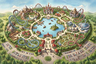 design custom 2d or 3d theme park map, tourist, amusement park and vector map
