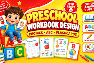 design preschool workbooks, phonics, alphabet, flashcards and learning art