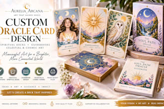 custom oracle card design, spiritual card deck, deck guidebook, celestial comic