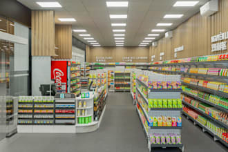 redesign convenience store interior, point of sale pos counter, mockup retail 3d