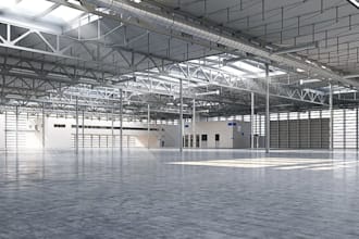 rebuild 3d industrial warehouse interior, render distribution building center