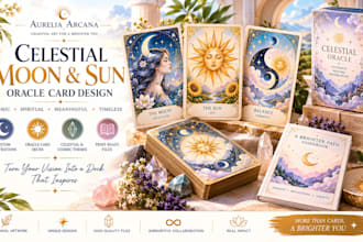 design celestial moon sun, cosmic card illustration, oracle card deck design art