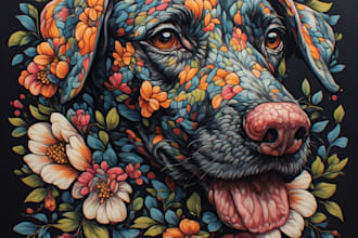 draw custom pet portrait in unique floral tattoo style