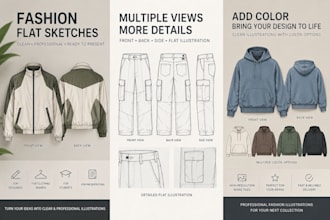 create professional clothing technical flat sketches