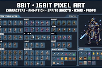 create 8bit 16bit pixel art character animation sprite sheet retro pixel art