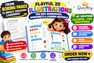 create playful 2d art for kids workbooks, worksheets and fun learning resources