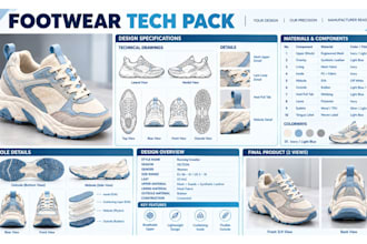 create shoe tech pack, sneeakers and footwear tech pack for manufacturing