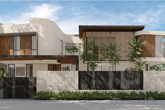 provide 3d architecture render for modern tropical villa exterior and interior