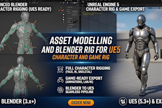do asset modelling and blender rig for ue5 character and game rig