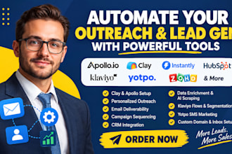 setup apollo io, clay com, instantly ai, hubspot, klaviyo, yotpo, zoho crm