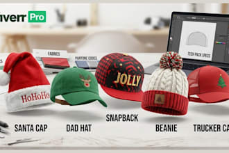create and design custom christmas cap and headwear tech pack for manufacturing