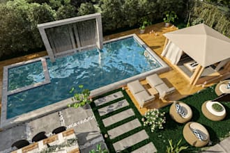 create garden landscape design for backyard with pool, patio, deck 3d rendering