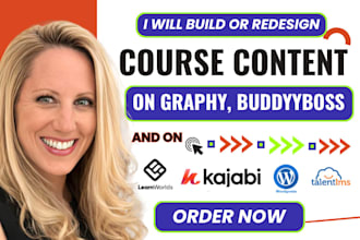 build, redeign course content on learnworlds, graphy, moodle and wordpress lms