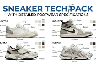design complete sneaker tech pack with detailed footwear specifications