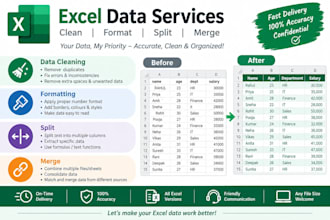 clean, format, merge, split excel data