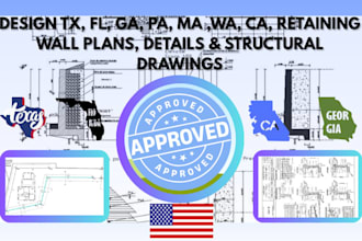 design tx fl ga pa ma wa ca retaining wall plans, details and structural drawing