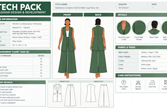 create fashion tech pack, clothing tech pack, technical sketch for manufacturer