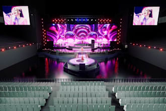 create concert venue layout, arena stage render, futuristic indoor design,mockup